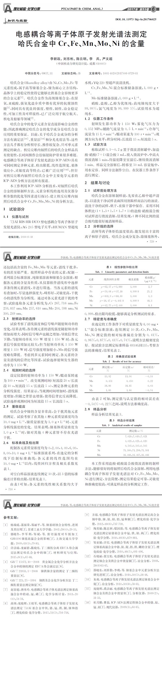 電感耦合等離子體原子發(fā)射光譜法測定哈氏合金中Cr、Fe、Mn、Mo、Ni的含量