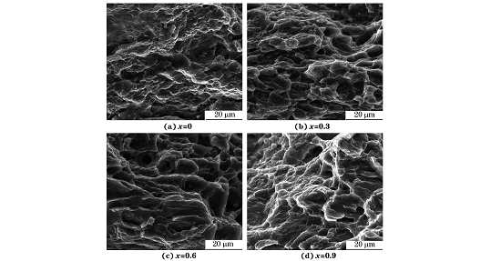 圖７ 軋制態(tài)MgＧ５ZnＧ１MnＧxSn合金的拉伸斷口形貌