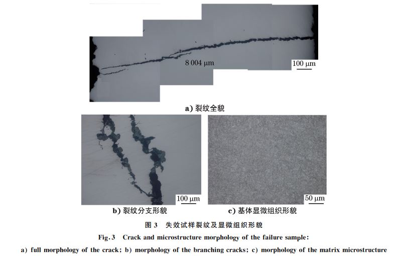 圖３ 失效試樣裂紋及顯微組織形貌