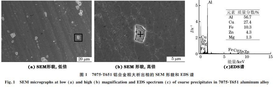 圖１ ７０７５ＧT６５１鋁合金粗大析出相的SEM 形貌和 EDS譜